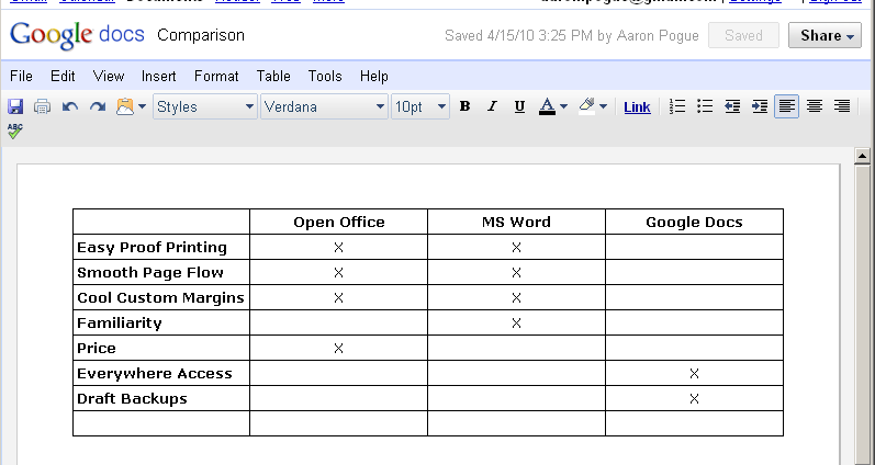 Use an embedded table in your word processor to compare features