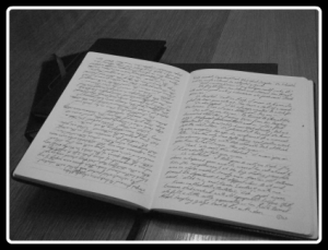 Black and white of Aaron Pogue's scribblebook, showing a scene from Gods Tomorrow.